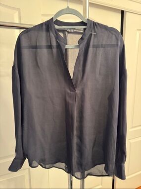 Vince Sheer Navy V-Neck Long-Sleeve Blouse Size XS